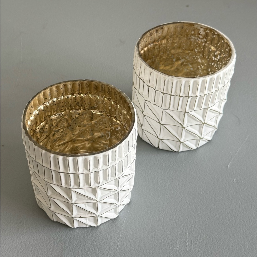 West Elm Elegant White with Gold “Mercury Glass” Large Votive Candle Holders.